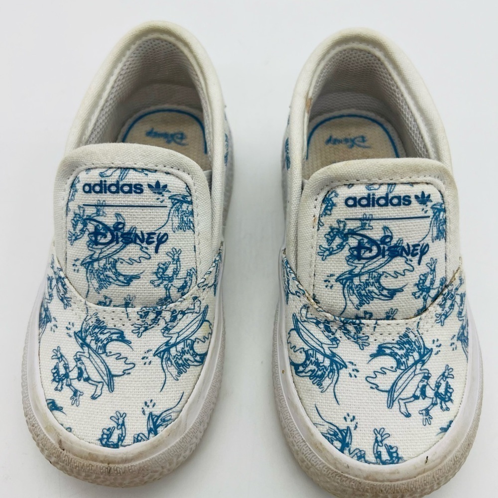 ADIDAS + DISNEY WHITE AND BLUE SLIP ON SNEAKERS SIZE 6